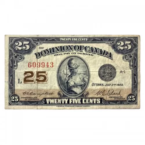 1923 Dominion of Canada 25-Cent Shinplaster Campbell/Clark Fractional Note (F)
