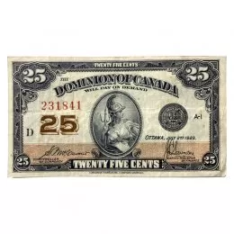 1923 Dominion of Canada 25-Cent Shinplaster McCavour/Saunders Fractional Note (F) 1923 Dominion of Canada 25-Cent Shinplaster McCavour/Saunders Fractional Note (F)