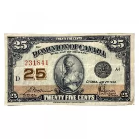 1923 Dominion of Canada 25-Cent Shinplaster McCavour/Saunders Fractional Note (F)