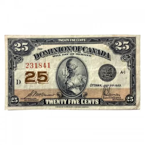 1923 Dominion of Canada 25-Cent Shinplaster McCavour/Saunders Fractional Note (F)