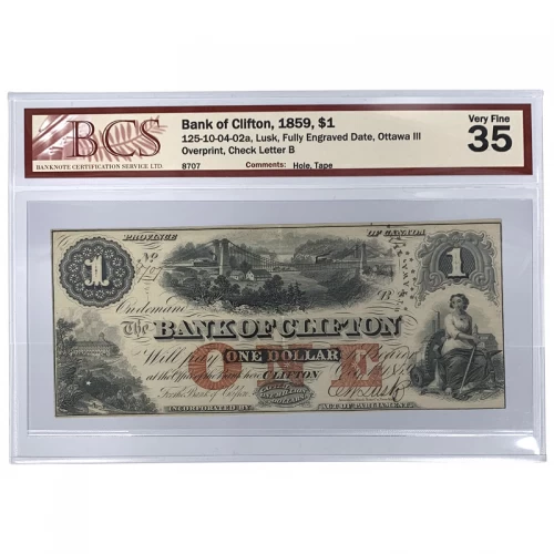 1859 Province of Canada $1 Bank of Clifton Note - BCS Graded VF-35
