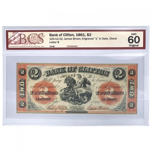 1861 Province of Canada $2 Bank of Clifton Note - BCS Graded UNC-60