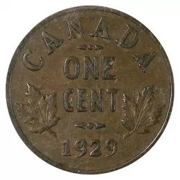 1929 HIGH 9 Canadian 1-Cent Small Penny Coin-F grade