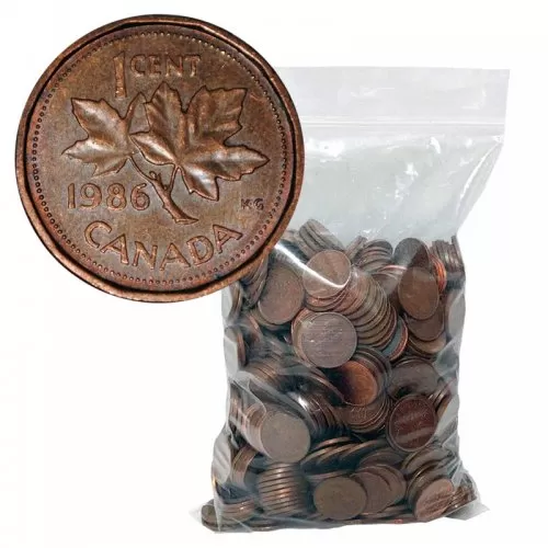 1960-1996 Canadian 1-Cent Maple Leaf Twig Penny 98% Copper 5 lb (2.3 kg) Bulk Circulated Coin Lot