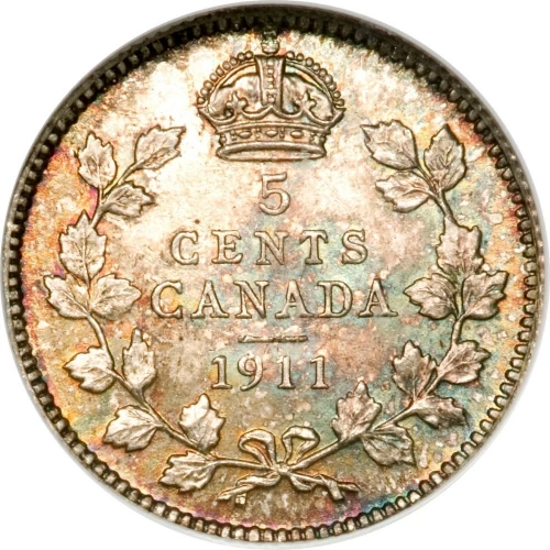 1911 Canadian 5-Cent Small Silver Coin (F)