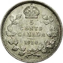 1914 Canadian 5-Cent Small Silver Coin (VF)