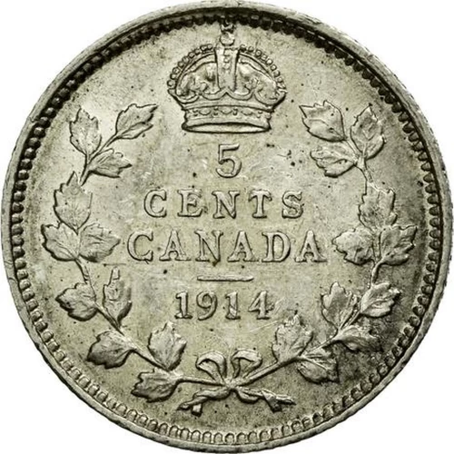 1914 Canadian 5-Cent Small Silver Coin (VF)