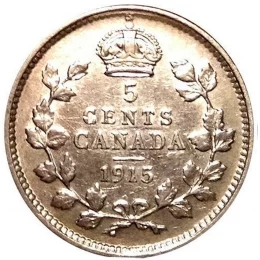 1915 Canadian 5-Cent Small Silver Coin (F)