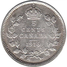 1916 Canadian 5-Cent Small Silver Coin (VF)