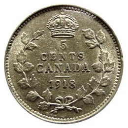 1918 Canadian 5-Cent Small Silver Coin (VF)