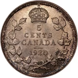 1920 Canadian 5-Cent Small Silver Coin (VF+)