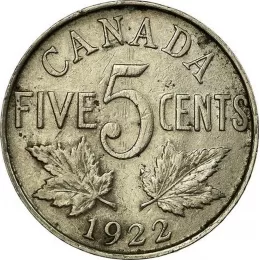 1922 Near Rim Canadian 5-Cent Nickel Coin (F)