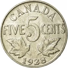 1928 Canadian 5-Cent Nickel Coin (Circulated)