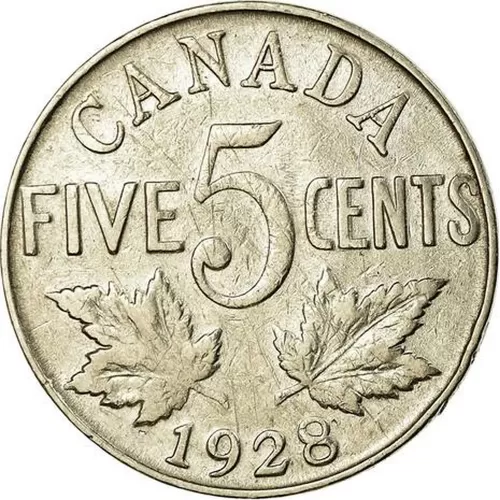 1928 Canadian 5-Cent Nickel Coin (Circulated)