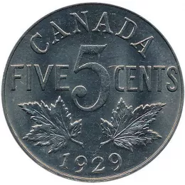 1929 Canadian 5-Cent Nickel Coin (Circulated)