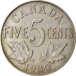 1930 Canadian 5-Cent Nickel Coin (Circulated)