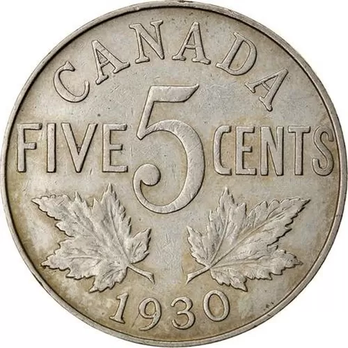 1930 Canadian 5-Cent Nickel Coin (Circulated)