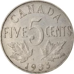 1933 Canadian 5-Cent Nickel Coin (Circulated)
