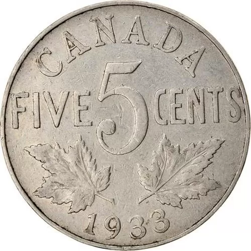 1933 Canadian 5-Cent Nickel Coin (Circulated)