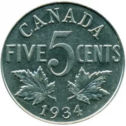 1934 Canadian 5-Cent Nickel Coin (Circulated)