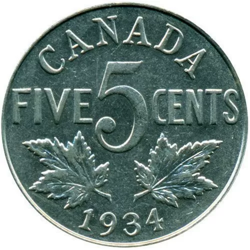 1934 Canadian 5-Cent Nickel Coin (Circulated)