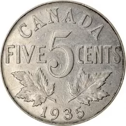 1935 Canadian 5-Cent Nickel Coin (Circulated)