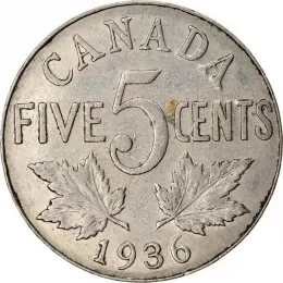 1936 Canadian 5-Cent Nickel Coin (Circulated)