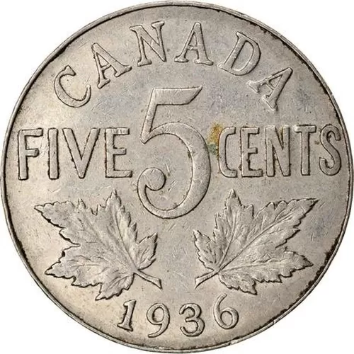 1936 Canadian 5-Cent Nickel Coin (Circulated)