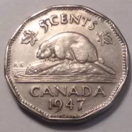 1947 DOT Canadian 5-Cent Beaver Nickel Coin (F Grade)