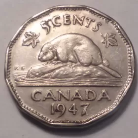 1947 DOT Canadian 5-Cent Beaver Nickel Coin (F Grade)