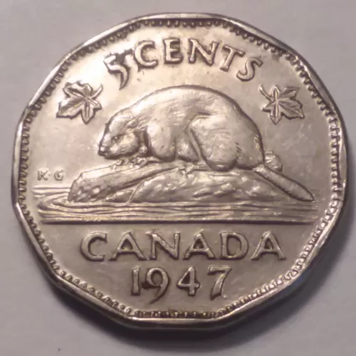 1947 DOT Canadian 5-Cent Beaver Nickel Coin (F Grade)