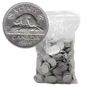 1960-1981 Canadian 5-Cent Beaver 100% Nickel 5 lb (2.3 kg) Bulk Circulated Coin Lot 