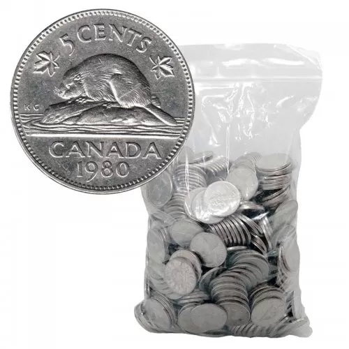 1960-1981 Canadian 5-Cent Beaver 100% Nickel 5 lb (2.3 kg) Bulk Circulated Coin Lot 