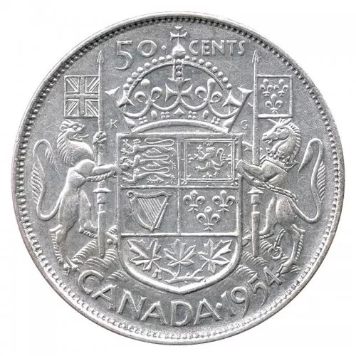 1954 Canadian 50-Cent Coat of Arms Silver Half Dollar Coin (F or better)