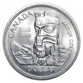 1958 (1858-) Canadian $1 British Columbia Centennial/Totem Pole Silver Dollar Coin (VF or better)
