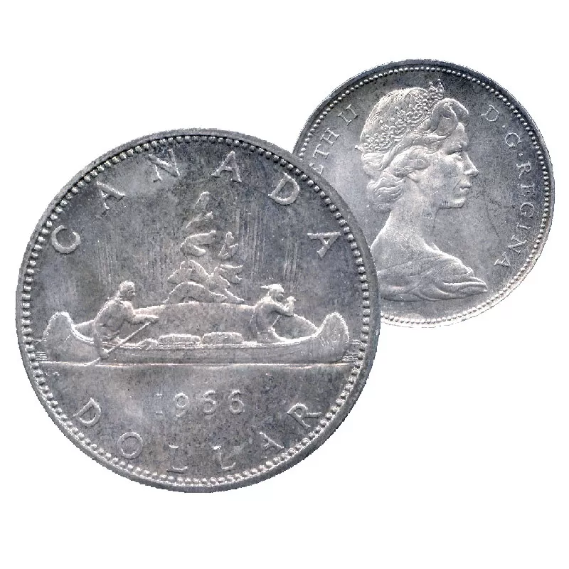 1966 LARGE BEADS Canadian $1 Voyageur Silver Dollar Coin-(AU or