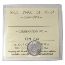 1940-C Newfoundland 5-Cent Piece Silver Coin ICCS Graded MS-64