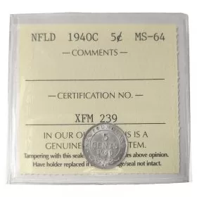 1940-C Newfoundland 5-Cent Piece Silver Coin ICCS Graded MS-64