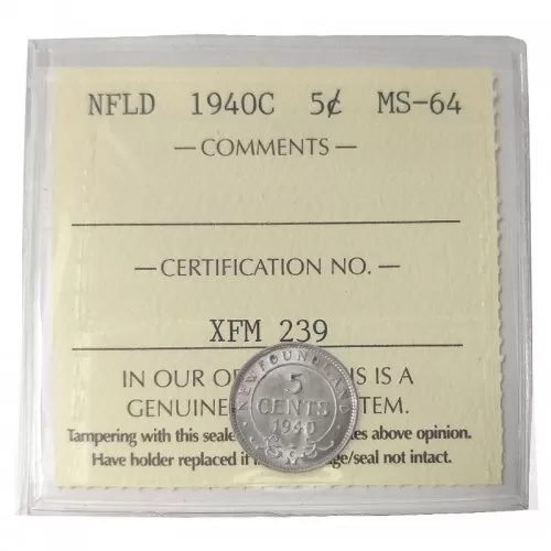 1940-C Newfoundland 5-Cent Piece Silver Coin ICCS Graded MS-64