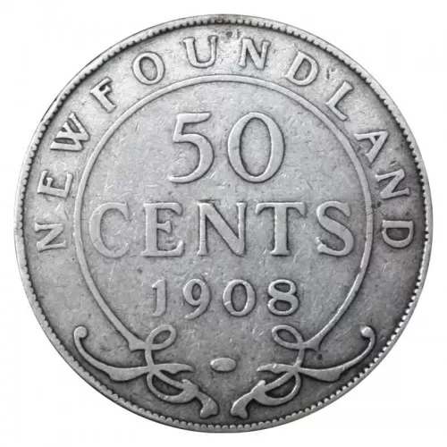 1908 Newfoundland 50-Cent Half Dollar Silver Coin (VG or better)