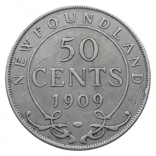 1909 Newfoundland 50-Cent Half Dollar Silver Coin (VG or better)