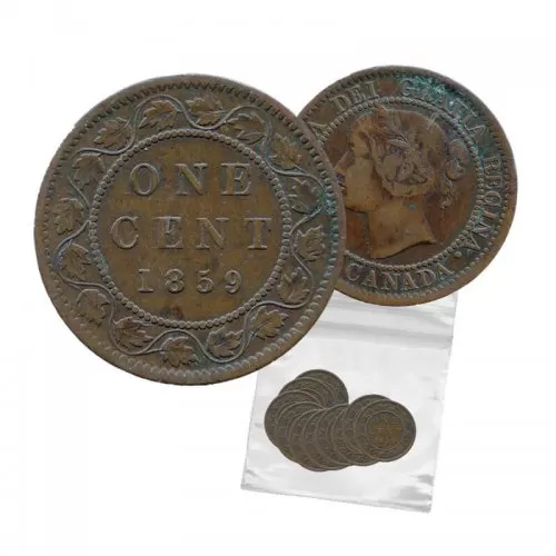 1859 Canadian 1-Cent Large Penny Coin 5pc Lot ( low grade)