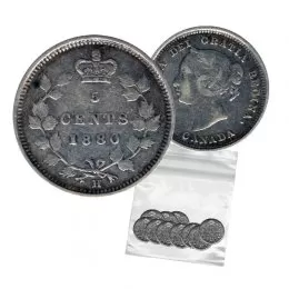 1880-H Canadian 5-Cent Small Silver 5pc Coin Lot (VG-F)