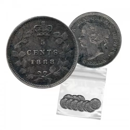 1888 Canadian 5-Cent Small Silver 5pc Coin Lot (VG-F grade)