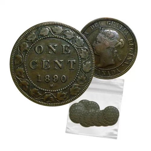1890-H Canadian 1-Cent Large Penny Coin 5pc Lot-AG-VG grade