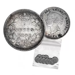 1891 Canadian 5-Cent Small Silver 5pc Coin Lot (Low Grade-Circulated)