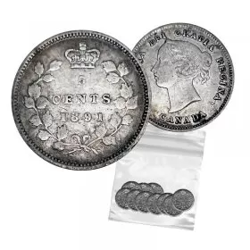 1891 Canadian 5-Cent Small Silver 5pc Coin Lot (Low Grade-Circulated)