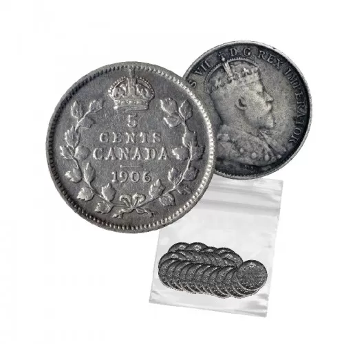 1906 Canadian 5-Cent Small Silver 5pc Lot (VG-F Grade-Circulated)