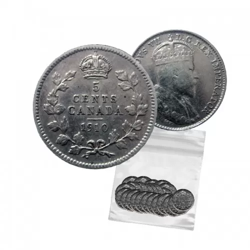 1910 Canadian 5-Cent Small Silver 5pc Coin Lot (Low Grade-Circulated)