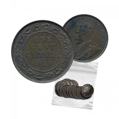 1914 Canadian 1-Cent Large Penny 5pc Coin Lot (VG-F Grade)